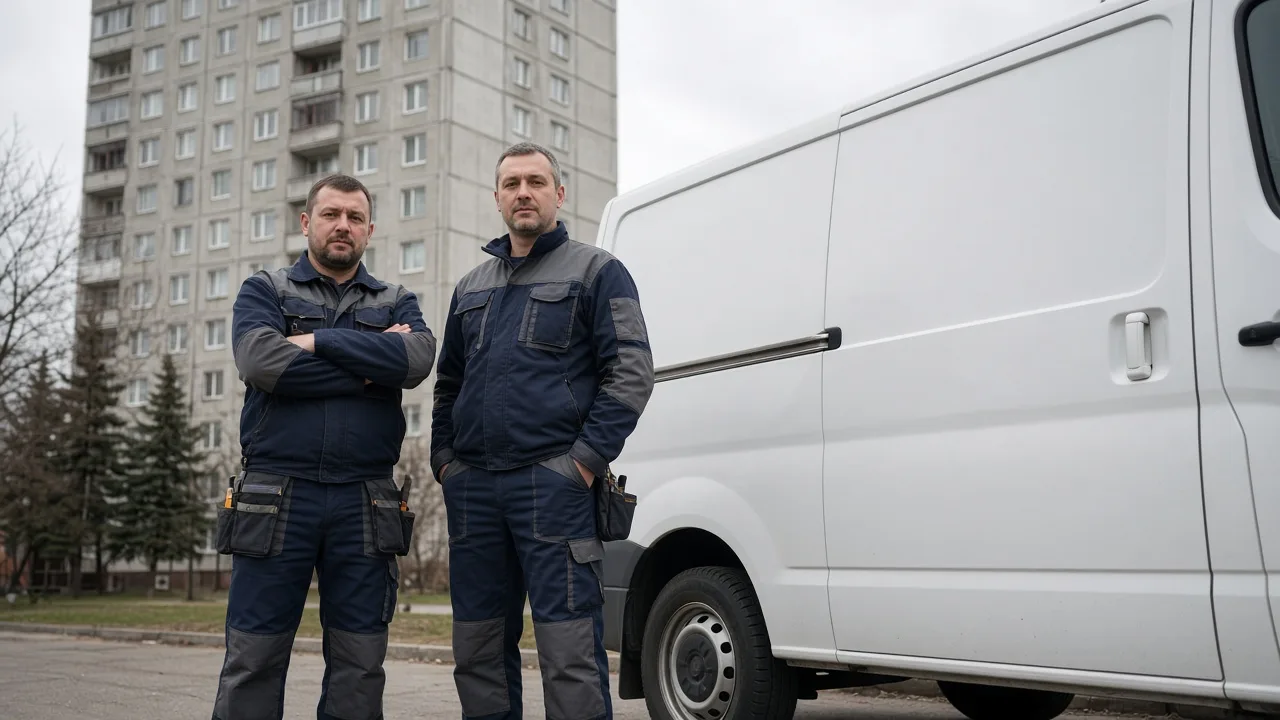 Команда сантехников у сервисного автомобиля